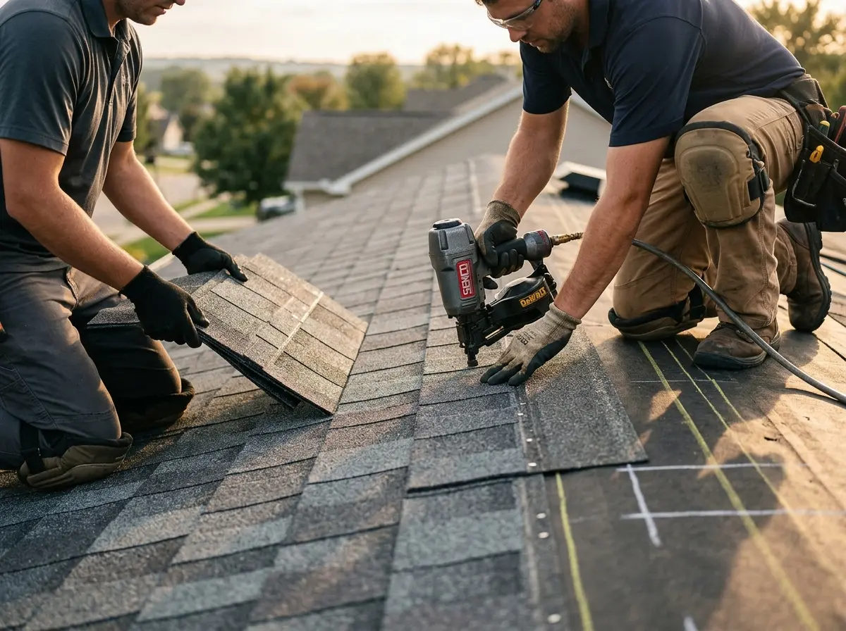 Professional roofer working on a residential roof in Magalia